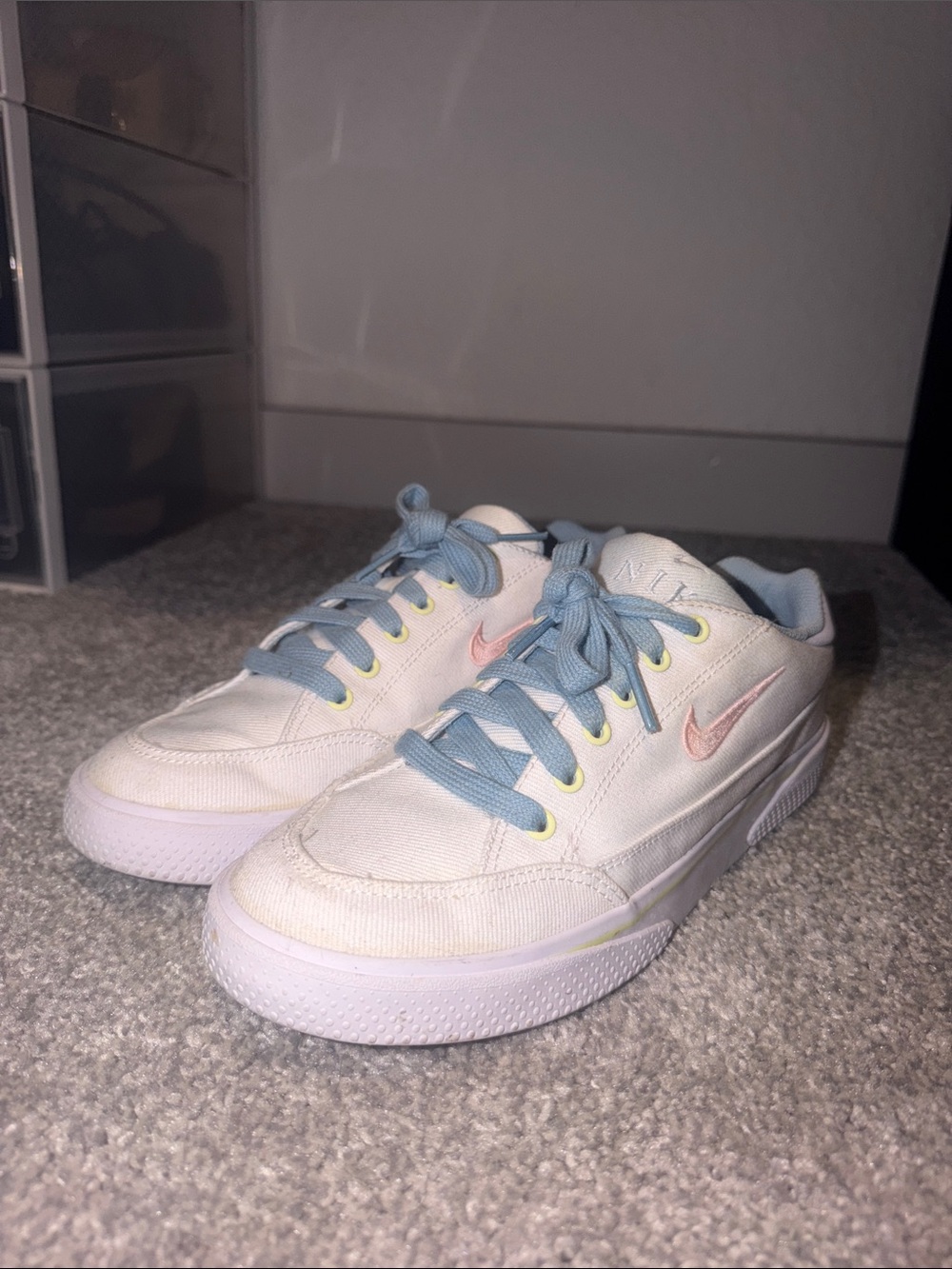 Nike Kids White Sneakers with Pastel Blue Laces and Pink Swoosh